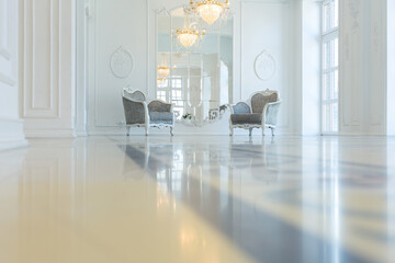 Fototapeta premium beautiful stylish chic rich clean bright blank interior. high white walls with large windows from floor the pattern on the floor
