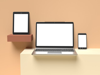 Fototapeta na wymiar Tablet, laptop and smartphone Mockup on shelves and against earth tone wall. 3d render.