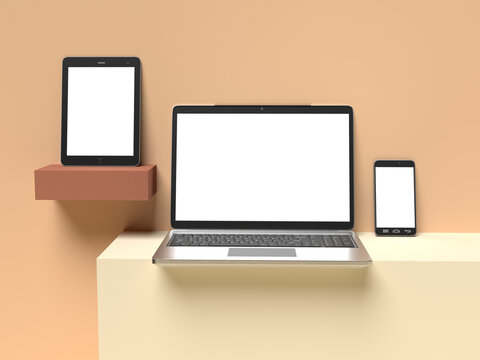 Tablet, laptop and smartphone Mockup on shelves and against earth tone wall. 3d render.