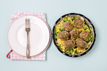 Bowl with Tasty Mixed Salad with Vegetable and Homemade Meatballs Tasty Healthy Dinner Horizontal