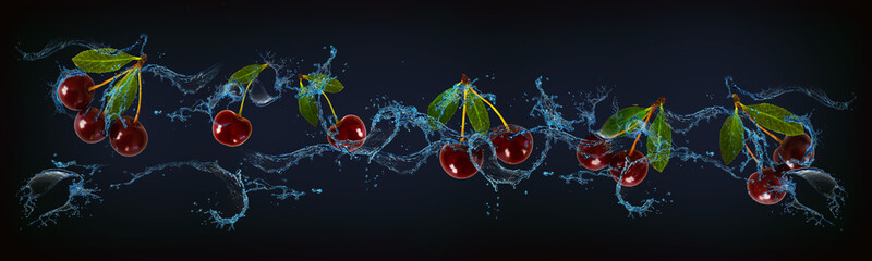 Panorama with fruits in water - juicy cherries strengthen our health with useful substances