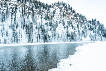 Icy shore of lake with snowy forest. Cold weather, frozen riverbed due to sharp cold snap