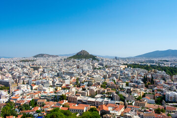 Fototapeta na wymiar Athens, Greece : Aerial view of City Center and buildings from Acropolis, High angle view of Town