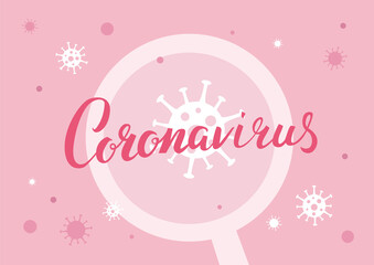 Banner design with handwritten calligraphy "Coronavirus" and virus cells under a magnifying glass on pink background. Testing for new COVID-19 virus