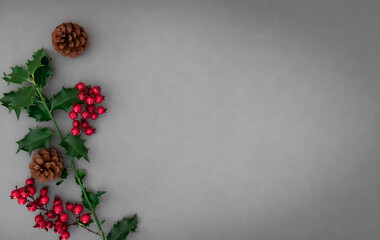 Christmas Composition Concept.  Green ilex branches and berries with fir cones on grey background. Flat lay, top view.