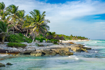 tropical beach with palms - Riviera Maya, Yucatan, Mexico