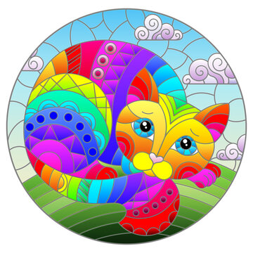 Illustration in stained glass style with abstract cute rainbow cat on a blue background, oval image