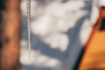 Icicle hangs from cornice on spring day