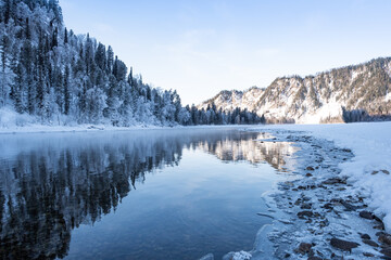 Snow forest on Bank of winter river. Reflection of frost trees in water.