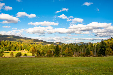 KRASNO POLJE, CROATIA, October 2020 - beautiful autumn day. Meadow and deciduous forest. Sky with clouds.