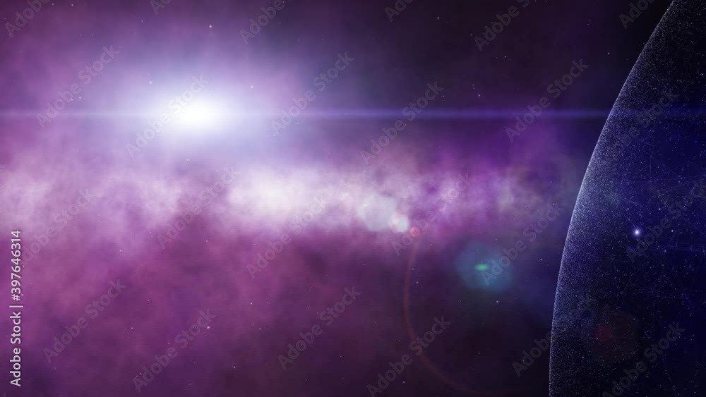 Wall mural futuristic abstract 3d space background with artistic planet, nebula, stars and sunlight copy space 