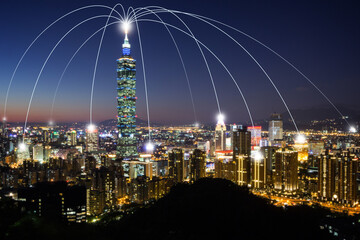 Fototapeta premium Smart city and connection lines. Urban skyline in Taipei, Taiwan, at night. Technology, network connection, information and smart city concept. Pixelated - digitally modified image.