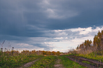 Autumn landscape with dirt road. Rural road in autumn field under cloudy sky.