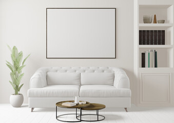 modern big living room with wooden floor, white wall, mock up frame, art deco style. - 3d rendering -