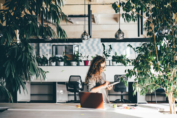 Freelancer woman using laptop at comfortable office, green co-working modern workplace