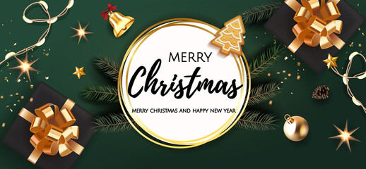 Christmas festive luxury banner. Background Xmas design of realistic gifts box with bow, fir tree branch, Xmas balls, stars, bell, light garland, gingerbread. Horizontal christmas poster, header, web.