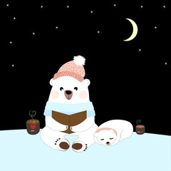 Polar bear Mommy reading bed time story for cub, Happy Dad bear and child siting together at night with crescent moon and star,Greeting card for Baby shower, kid birthday,Mother day or Father day