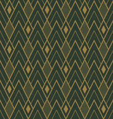 Golden diamond shape on a green background, art deco style. Seamless geometric pattern. Vector illustration.