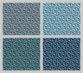 Geometric hexagram shapes seamless patterns. Earth tone blue color background set. Vector illustration.