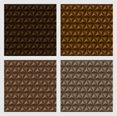 3d triangles pyramids, earth tone brown color backgrounds set. Geometric hexagons, diamonds shape, seamless patterns. Vector illustration.