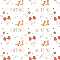 Knitting, seamless pattern in doodle style. For a yarn shop or tailor. Vector illustration on white background.