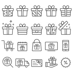 Gift box, present, discount offer line icon set isolated on transparent background. Price tag, gift card, search sale signs. Vector outline stroke symbols for christmas, New Year surprise design