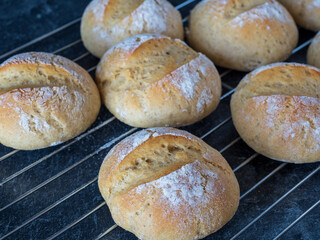 Frisch gebackene Brötchen auf Abkühlrost