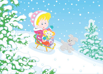 Obraz na płótnie Canvas Happy little girl and her merry small puppy cheerfully sledding down a snow hill on a playground in a snowy park on a beautiful frosty day on winter holidays, vector cartoon illustration