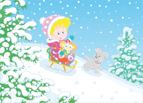 Happy little girl and her merry small puppy cheerfully sledding down a snow hill on a playground in a snowy park on a beautiful frosty day on winter holidays, vector cartoon illustration