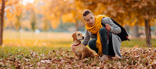 Woman talking to a dog at the park in autumn