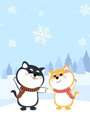 Two Shiba Inu on the forest with snowflake. Two puppies holding hands in the snow in winter. White Day Valentine's Day greeting card.