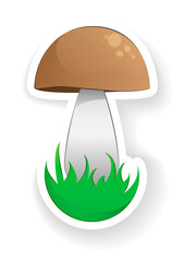 Sticker of white mushroom in cartoo style isolated on white. Harvest in forest. Autumnal illustration