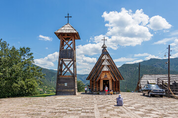 Mokra Gora, Serbia - July 15, 2020: Main square Kustendorf, traditional village Drvengrad.