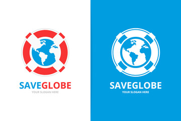 Vector lifebuoy and earth logo combination. Unique lifeboat and globe logotype design template.