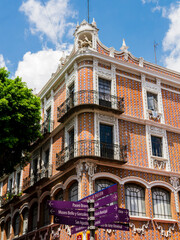 Naklejka premium Historic palace with typical red brick tiles in Puebla historic center, Mexico 