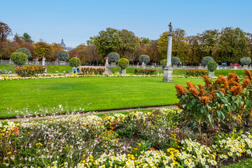The beautiful Gardens of Luxembourg with colored flowers in Paris