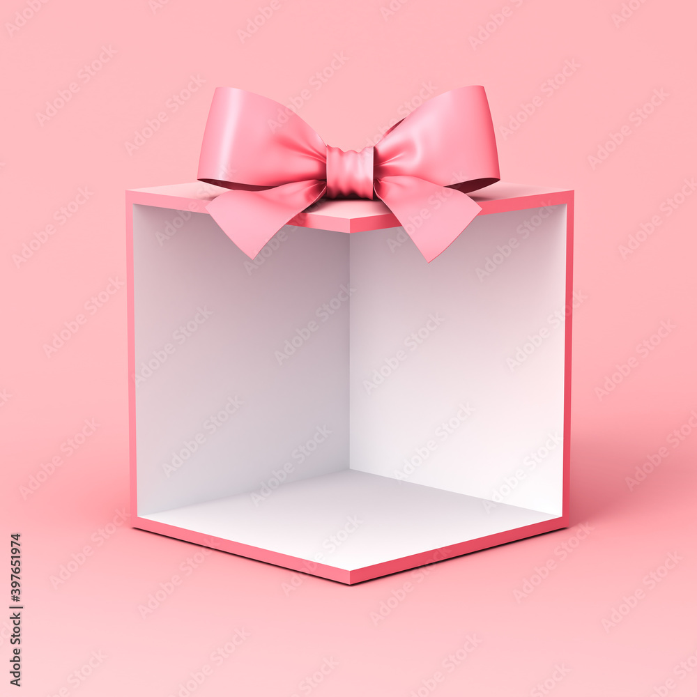 Poster exhibition booth blank gift box stand with pink pastel color ribbon bow isolated on pink background 