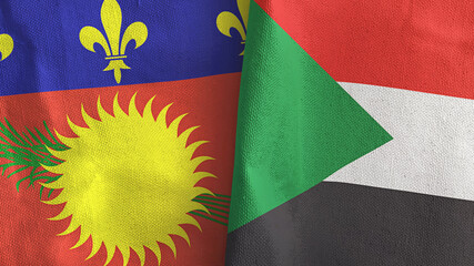 Sudan and Guadeloupe two flags textile cloth 3D rendering