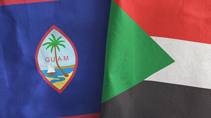 Sudan and Guam two flags textile cloth 3D rendering