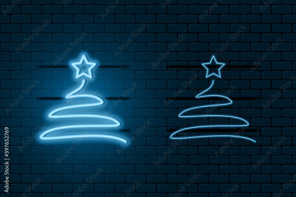 Poster neon light sign of christmas tree. blue glowing neon fir-tree with star with on and off versions. ve