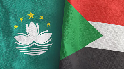 Sudan and Macau two flags textile cloth 3D rendering