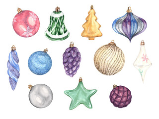Watercolor illustration of Christmas tree toys on a white background