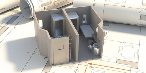 Jail cell supermax security room on blueprint background. 3d illustration