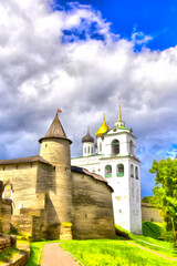 Summer view on Pskov Kremlin colorful painting