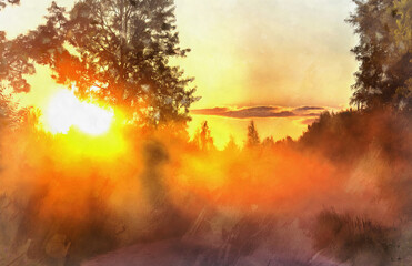 Obraz na płótnie Canvas Beautiful sunshine through the trees with fog