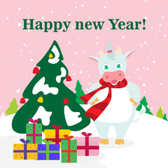 Funny cow with gift in cartoon style with christmas tree