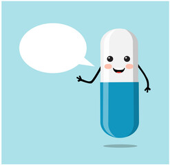 cute pill capsule and dialogue bubble on blue background
