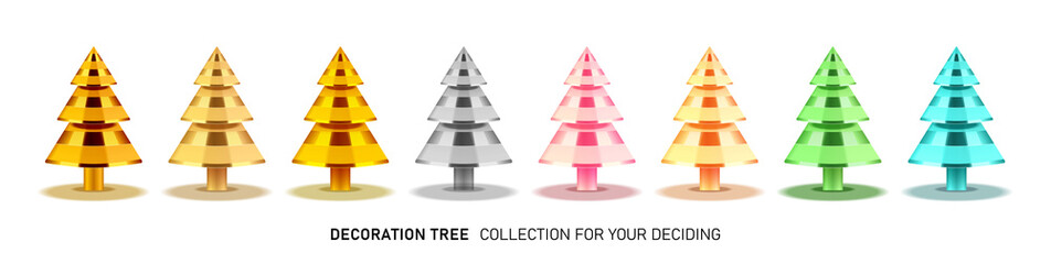 Fototapeta premium Big set of vector multicolored Christmas trees. Collection from golden, pink, green, gold, turquoise and gray Christmas trees. Decorative sharp cone shapes. Xmas object isolated on white background