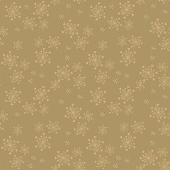 Golden vector seamless pattern with abstract snowflakes and tiny hearts. Doodle style minimalist background. Gold and white texture. Modern minimal repeat design for decor, print, textile, wallpapers