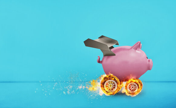 Piggy bank with wheel like a car. Concept of fast increse of money.cyan background
